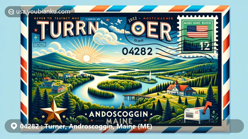 Modern illustration of Turner, Androscoggin, Maine, featuring scenic beauty, Androscoggin River, Maine state symbols, and postal elements with ZIP code 04282.
