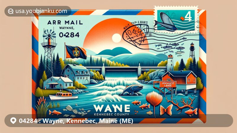 Modern illustration of Wayne, Kennebec County, Maine, featuring a wide-format air mail envelope as the background, showcasing postal communication essence. Includes key landmarks like Beech Hill X-Country Ski & Snowshoe Center, Wayne Village Dam, Pocasset Lake, Androscoggin Lake, with Maine state flag stamp, 'Wayne, ME 04284' postmark, and traditional postal mailbox image.