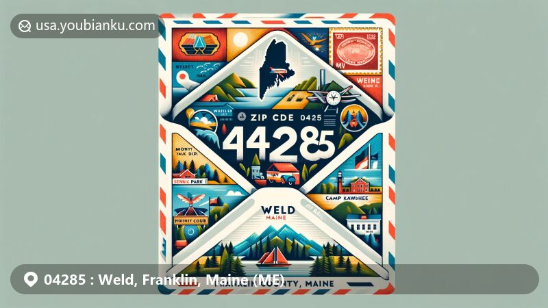 现代插画作品，展示缅因州弗兰克林县Weld地区邮政编码04285创意设计的航空邮件信封，背景呈现缅因州旗图案和Weld风景，包括Webb湖、Mount Blue州立公园和Camp Kawanhee for Boys。