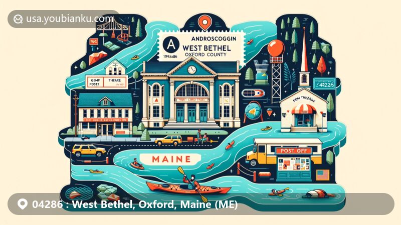 Modern illustration of West Bethel, Oxford County, Maine, portraying ZIP code 04286 with post office, postal stamp, Androscoggin River kayaking, Gem Theatre, and Maine Mineral and Gem Museum.