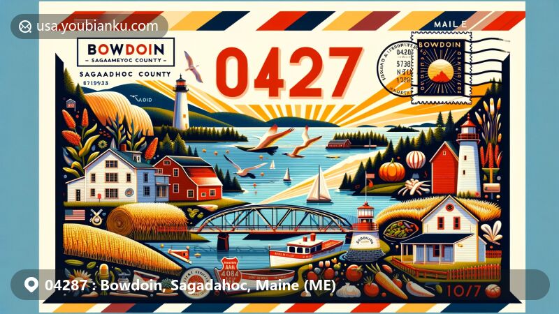 Illustration of Bowdoin, Sagadahoc County, Maine, featuring postal theme with ZIP code 04287, showcasing rural charm, agricultural heritage, and local landmarks like Doubling Point Light Station and Carlton Bridge.