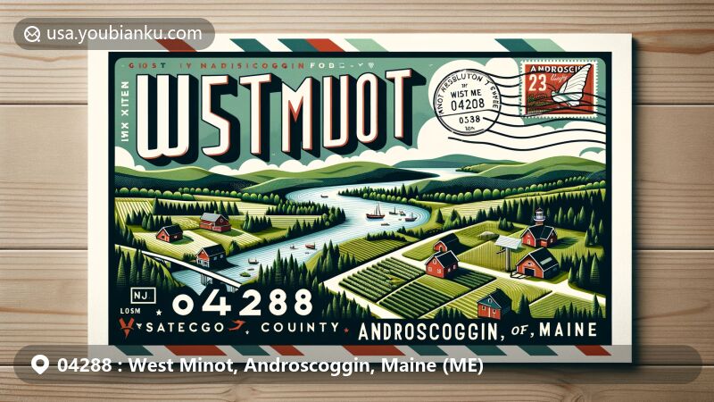 Modern illustration of West Minot, Androscoggin County, Maine, featuring picturesque rural landscape with small farms, green hills, and the Little Androscoggin River, along with Androscoggin County outline and Maine state flag.