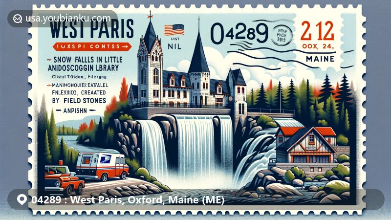 Modern illustration of West Paris, Oxford County, Maine, highlighting Snow Falls waterfall, Mann Memorial Library in medieval castle style, and elements of Finnish heritage, with postal theme featuring ZIP code 04289.