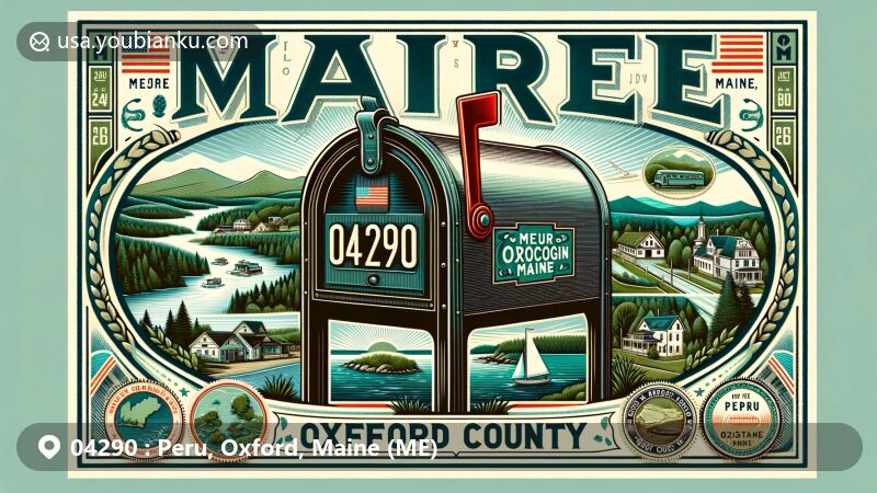 Modern illustration of Peru, Oxford County, Maine, focusing on postal theme with ZIP code 04290, featuring Androscoggin River, rolling hills, forests, and small-town atmosphere, integrated with Maine state flag and Oxford County outline.