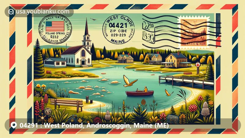 Modern illustration of West Poland, Androscoggin County, Maine, capturing the beauty of Tripp Pond with landmarks like All Souls Chapel, Poland Spring, and Excelsior Grange #5, featuring the Maine state flag and vintage air mail envelope with ZIP Code 04291.