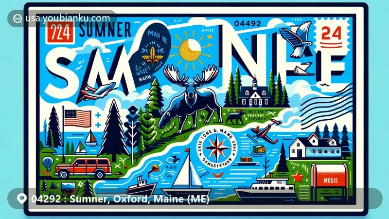 Modern illustration of Sumner, Maine, showcasing natural beauty with lakes and forests, featuring Maine state symbols including moose, pine tree, farmer, seaman, North Star, and ZIP code 04292 postal elements.