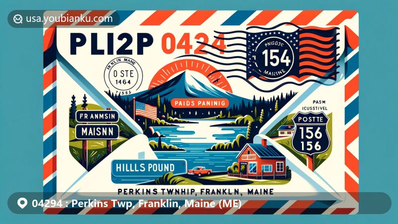 Modern illustration of Perkins Township, Franklin County, Maine, showcasing airmail envelope with ZIP code 04294, featuring Hills Pond, Bald Mountain, and Route 156, incorporating Maine state symbols.