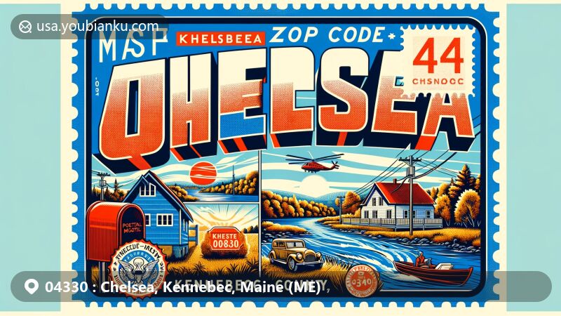 Modern illustration of Chelsea, Kennebec County, Maine, highlighting postal theme with ZIP code 04330, featuring Kennebec River and Maine rural landscape.