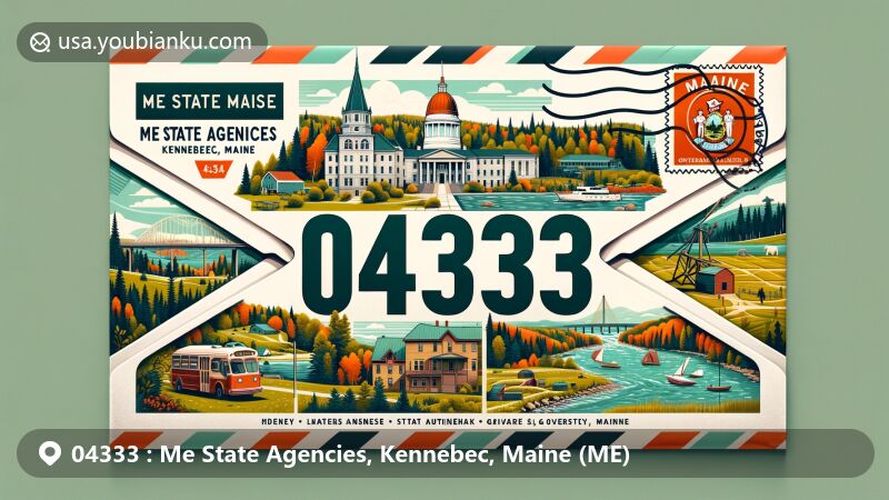Modern illustration of Me State Agencies, Kennebec, Maine, highlighting postal theme with ZIP code 04333, featuring Maine State Museum, Blaine House, State House, and scenic Kennebec Valley views, showcasing rich history, natural beauty, and rural charm.