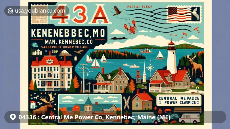 Vibrant illustration of area with ZIP code 04336, showcasing cultural landmarks like Wadsworth-Longfellow House, Sabbathday Lake Shaker Village, Winslow Homer Studio, and Harriet Beecher Stowe House, along with Maine symbols like moose, lobster, and lighthouses.