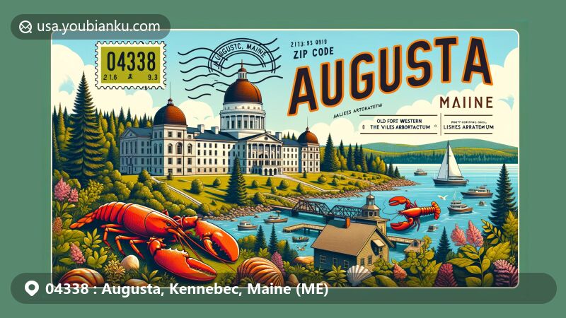 Vibrant illustration of Augusta, Maine, highlighting postal theme with ZIP code 04338, featuring Old Fort Western, State House, Viles Arboretum, lobsters, and a lighthouse.