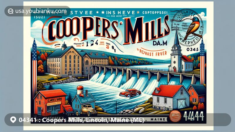 Modern illustration of Coopers Mills, Maine, depicting Coopers Mills Dam, Sheepscot River, St. Denis Church, Elmer's Barn, and postal elements with ZIP code 04341 in a postcard style.