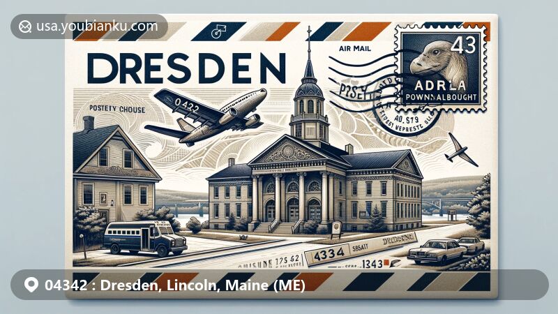 Modern illustration of Dresden, Lincoln County, Maine, featuring postal theme with ZIP code 04342, showcasing Pownalborough Court House and St. John's Episcopal Church.