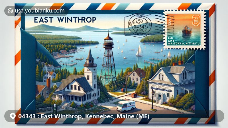 Artistic illustration of East Winthrop, Maine, showcasing airmail envelope with stamps, postmark, and ZIP code 04343, featuring Cobbosseecontee Lake, Maranacook Lake, Mount Pisgah, and Bailey Public Library.