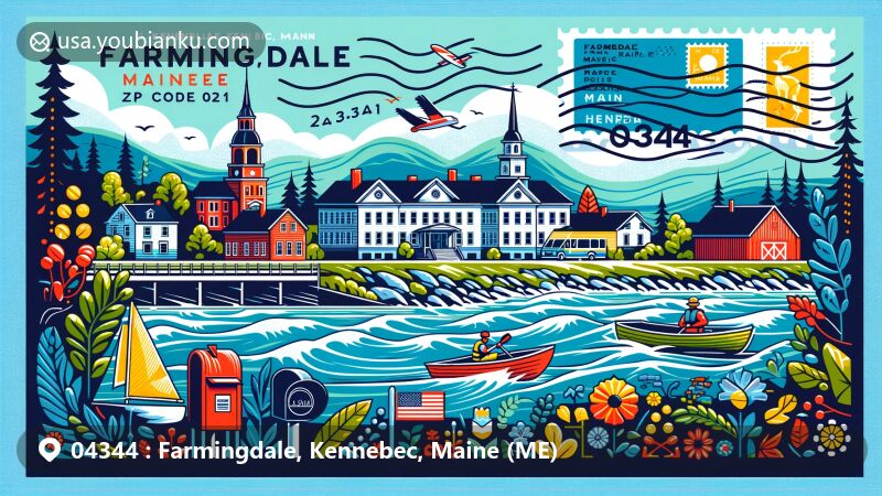 Modern illustration of Farmingdale, Kennebec, Maine (ME), showcasing scenic Kennebec River, historic buildings along U.S. Route 201, outdoor activities, and postal theme with ZIP code 04344.
