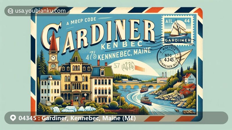Modern illustration of Gardiner, Kennebec, Maine, showcasing postal theme with ZIP code 04345, featuring Kennebec River, Victorian mansions, Federal-style townhouses, ice harvesting, and paper mills.