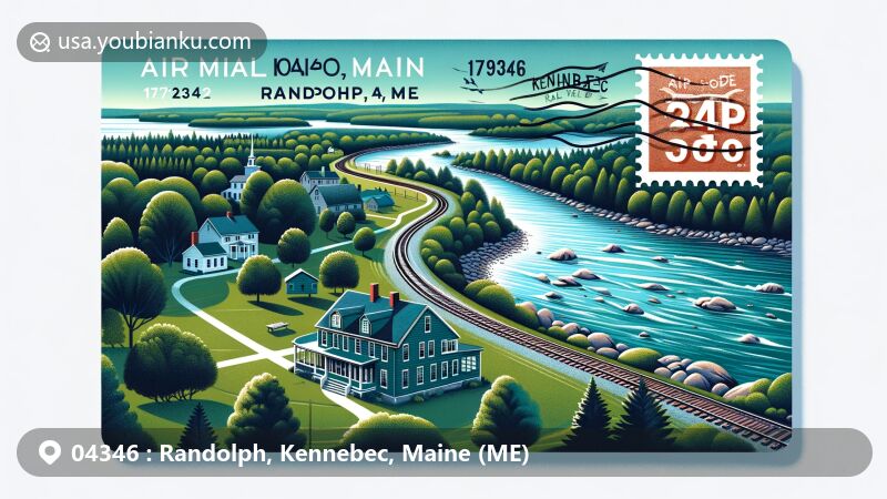 Modern illustration of Randolph area in Kennebec County, Maine, showcasing postal theme with ZIP code 04346, featuring Kennebec River scenery, Old Narrow Gauge Rail Trail, and a Cape-style house from 1845.