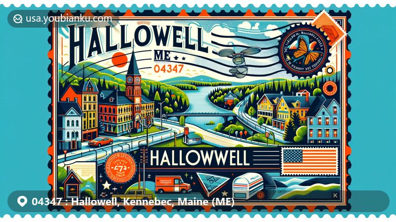 Modern illustration of Hallowell, Kennebec County, Maine, featuring iconic landmarks and sceneries from Hallowell Historic District and Vaughan Woods State Park, with decorative postal theme and ZIP code 04347.
