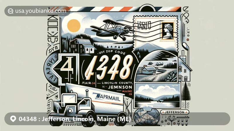 Modern illustration of Jefferson, Lincoln, Maine, featuring postal theme with ZIP code 04348, showcasing stamps, postmarks, mailbox, and mail van, combined with landmarks like Damariscotta Lake State Park and an abandoned granite quarry. Designed to be eye-catching and suitable for web placement.