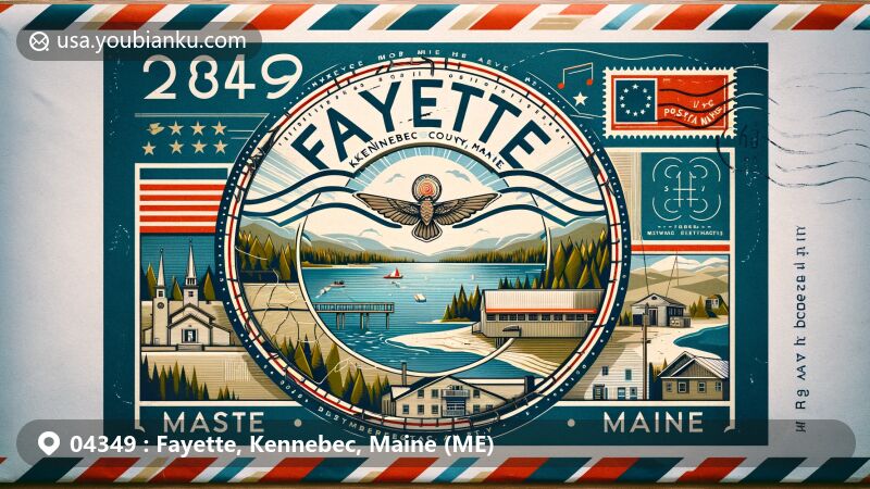 Vintage illustration of Fayette, Kennebec County, Maine, featuring airmail envelope with postal theme, showcasing Winthrop Lakes Region landscapes and Maine state symbols.