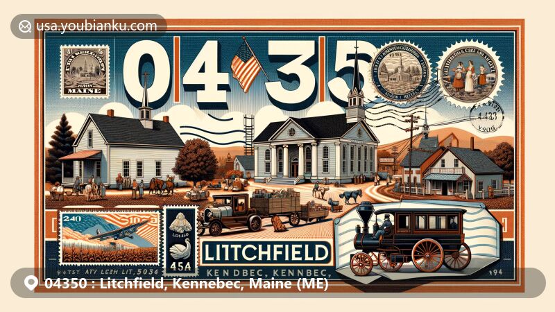 Modern illustration of Litchfield, Kennebec County, Maine, showcasing postal theme with ZIP code 04350, featuring Litchfield Academy, Congregational Church, traditional village scene, and Litchfield Fair.