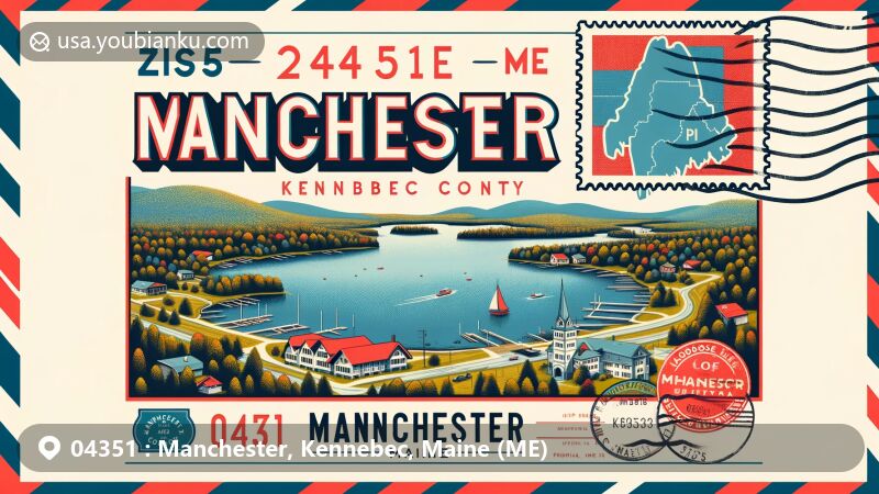 Modern illustration of Manchester, Kennebec County, Maine, showcasing ZIP code 04351, featuring Cobbosseecontee Lake and vintage postal theme with Maine state flag.