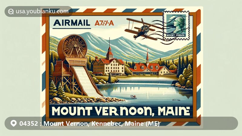 Modern illustration of Mount Vernon, Maine, depicted on an airmail envelope, showcasing lakes and 'Maine Chance' health spa, with New England architecture and historic grist mill, in a digital art style.