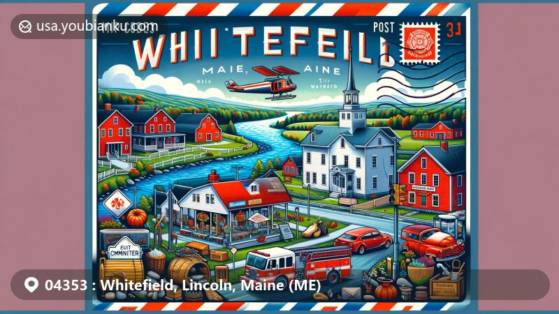Modern illustration of Whitefield, Lincoln County, Maine, capturing the essence of the scenic Sheepscot River, traditional Amish community, and volunteer fire department, with a vivid postal theme featuring ZIP code 04353.