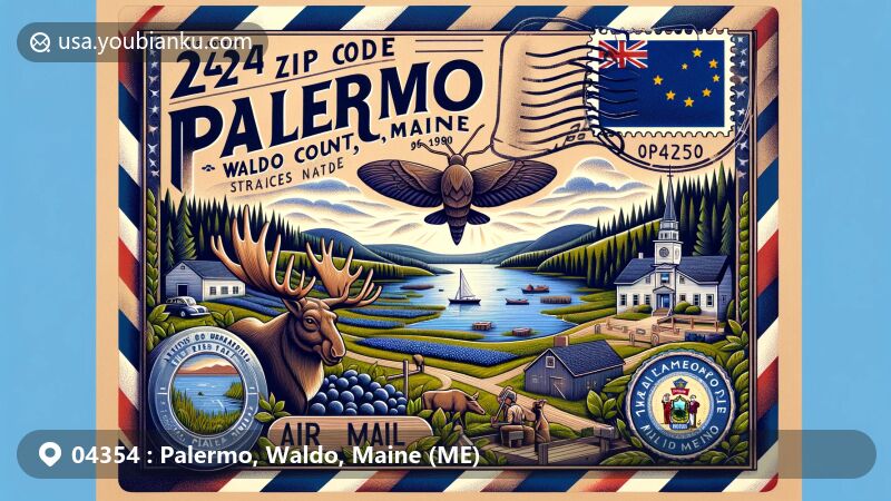 Modern illustration of Palermo, Waldo County, Maine, featuring postal theme with ZIP code 04354, highlighting Sheepscot Pond, blueberry fields, Veterans Memorial, and Maine state symbols.