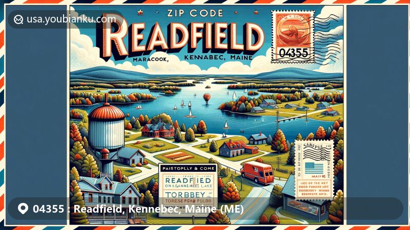 Modern illustration of Readfield, Kennebec, Maine, showcasing serene Maranacook Lake, Torsey Pond, and picturesque landscape, integrating postal elements with vintage stamp, ZIP code 04355 postmark, old-fashioned mailbox, and postal delivery van.