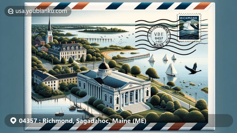 Modern illustration of Richmond, Sagadahoc, Maine, depicting iconic landmarks and architectural styles, showcasing Swan Island's natural beauty and Richmond's historic district in Greek Revival style, featuring ZIP code 04357.