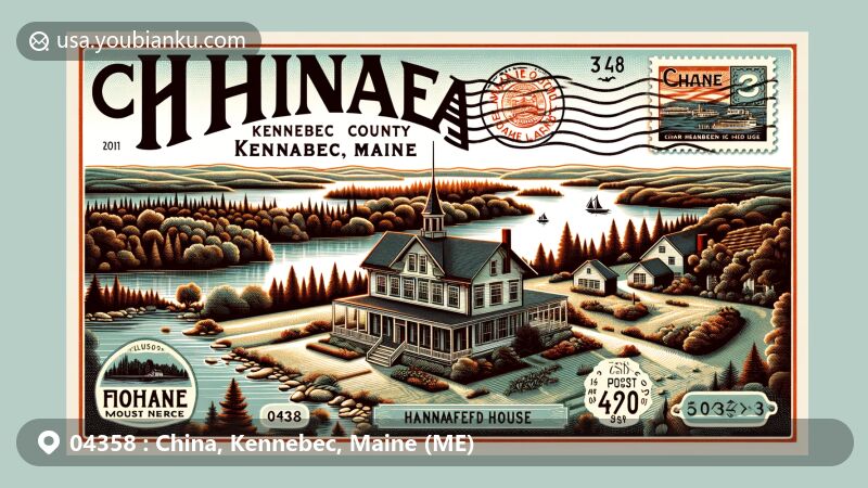 Modern illustration of China, Kennebec County, Maine, portraying the tranquil beauty of the town with historic Hannaford House as a central landmark surrounded by lush greenery and a serene lake, reminiscent of classic New England landscapes.