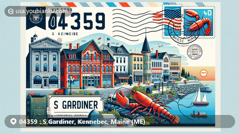 Modern illustration of S Gardiner, Kennebec, Maine, showcasing iconic elements like riverside community, historic Water Street, Kennebec River views, and 19th-century commercial district, with Maine state symbols and 04359 ZIP code postal theme.