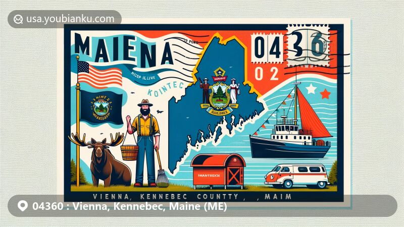 Modern illustration of Vienna, Kennebec County, Maine, showcasing postal theme with ZIP code 04360, featuring Kennebec River, Maine state flag with pine tree and moose, agricultural and maritime figures, postage elements, red mailbox, and vintage mail van.