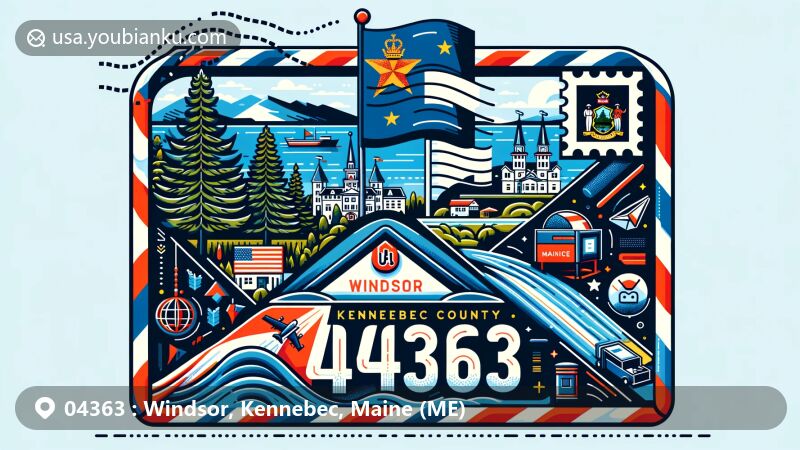 Modern illustration of Windsor, Kennebec County, Maine, showcasing postal theme with ZIP code 04363, featuring Maine state flag elements, postal symbols, and cultural landmarks.