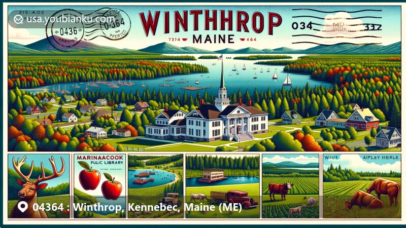 Modern illustration of Winthrop, Maine, featuring Maranacook Lake and Annabessacook Lake, surrounded by lush greenery and clear blue skies, with prominent Bailey Public Library, apple trees, and cows symbolizing town's heritage.