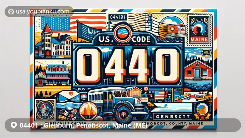 Modern illustration of Glenburn, Penobscot County, Maine, with postal theme and ZIP code 04401, featuring Maine state flag and local symbols, set against natural beauty or urban backdrop.