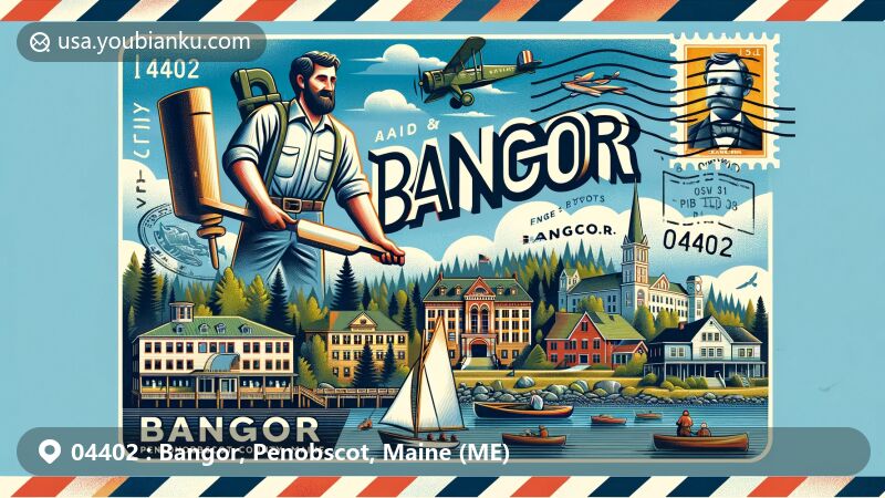 Modern illustration of Bangor, Penobscot County, Maine, featuring iconic landmarks like Paul Bunyan statue, Penobscot River, Greek Revival, and Victorian architecture, reflecting city's lumber history and artistic culture.