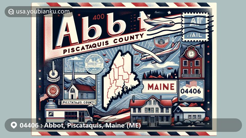 Modern illustration of Abbot area in Piscataquis County, Maine, showcasing postal theme with ZIP code 04406, featuring Maine state flag and iconic landmarks, integrated with vintage postal elements like stamps and postmarks.