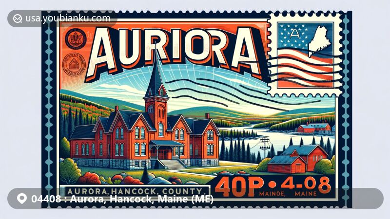 Modern illustration of Aurora, Hancock County, Maine, showcasing the historic Brick School House and natural beauty with forests and the Union River, designed in a postcard style featuring a Maine state flag stamp and ZIP code 04408.