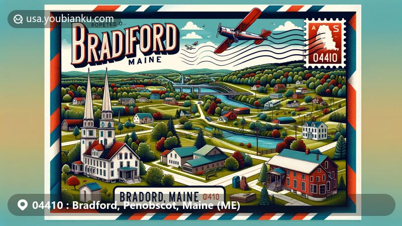 Modern postcard design of Bradford, Penobscot County, Maine, showcasing ZIP code 04410 with airmail elements, highlighting lush greenery, New England charm, and historical landmarks.