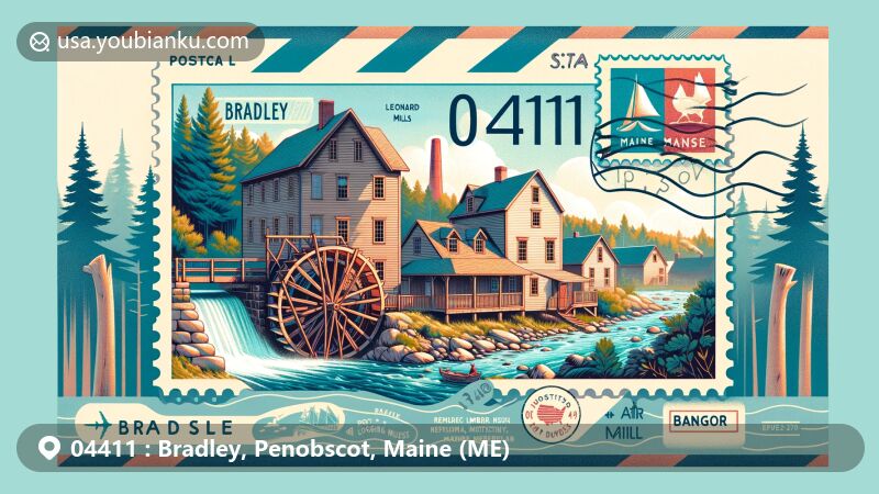 Modern illustration of Bradley, Penobscot, Maine, featuring historical landmark Leonard Mills and Maine Forest and Logging Museum, with postal elements like ZIP code 04411 stamps and air mail-style borders.