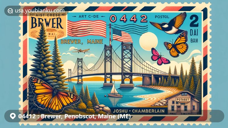 Modern illustration of Brewer, Maine, in Penobscot County, showcasing postal theme with ZIP code 04412, featuring Joshua Chamberlain Bridge, Maine state symbols, and vintage air mail envelope.