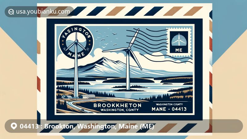 Modern illustration of Brookton, Washington County, Maine, depicting Bathscaki Lake and wind turbine on Stetson Mountain, with Maine state symbol on stamp, showcasing postal theme with ZIP code 04413.