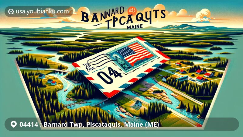 Modern illustration of Barnard Twp, Piscataquis, Maine, featuring vintage airmail envelope with Maine state flag postage stamp and serene natural beauty of forests, river, and rural landscape, highlighting '04414' ZIP code.