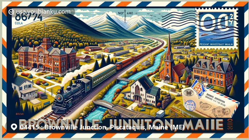 现代插图，展示了缅因州布朗维尔联合站（ME）邮政编码04415所在地区的丰富铁路历史、阿巴拉契亚山脉的自然景观、普莱森特河，以及布朗维尔联合站高中和联合卫理教堂等历史建筑。