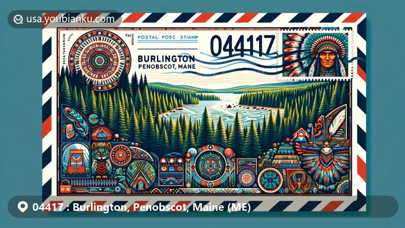 Modern illustration of Burlington, Penobscot, Maine, featuring typical landscape of dense pine forests and elements reflecting Penobscot indigenous tribal culture, such as traditional patterns or symbols.