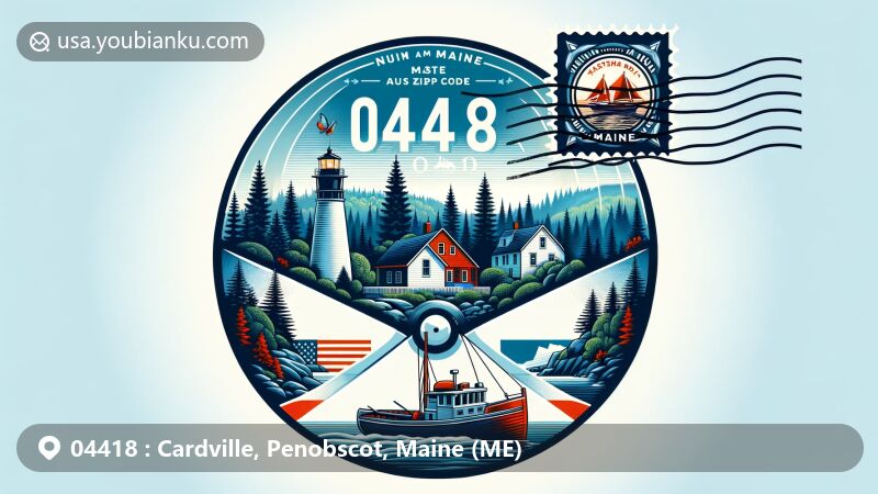 Modern illustration of ZIP Code 04418 in Maine, showcasing dense woodlands, beautiful coastline, traditional fishing boat, and lighthouse, integrated with stylized airmail envelope featuring postal elements.
