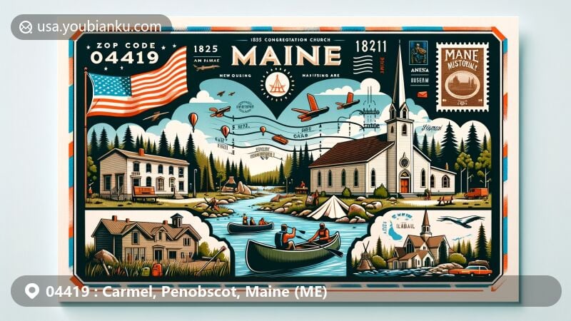 Modern illustration of Carmel, Maine, featuring postal theme with ZIP code 04419, showcasing outdoor activities like camping, canoeing, and hiking, reflecting the region's adventurous culture, and iconic buildings and cultural heritage sites in the foreground.