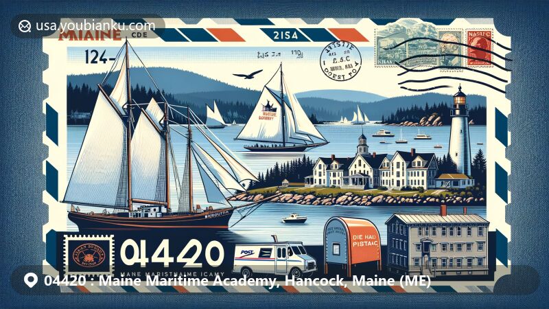 Modern illustration of Maine Maritime Academy, Hancock, Maine, featuring Schooner Bowdoin and historic landmarks of Castine town, such as Dice Head Lighthouse. The design incorporates postal elements like stamps, postmark, ZIP Code 04420, mailbox, and mail van.